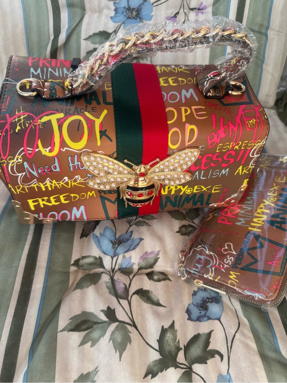 Statement Bee-Embellished Graffiti Top-Handle Bag - Multicolor